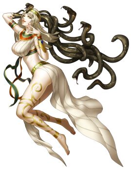 1girl absurdres ancient_egyptian ancient_egyptian_clothes anklet barefoot blonde_hair bracelet breasts cleopatra_(megami_tensei) cobra_(animal) colored_sclera demon_(megami_tensei) doi_masayuki fangs gold grin highres jewelry large_breasts long_hair looking_at_viewer midriff nail_polish official_art revealing_clothes ring scales shin_megami_tensei shin_megami_tensei_iv_final smile snake solo third-party_source transparent_background uraeus usekh_collar yellow_eyes yellow_sclera