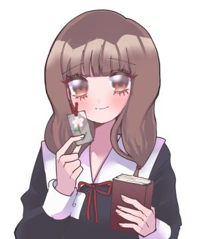 1girl black_dress book bookmark brown_eyes brown_hair dress flower highres holding holding_book holding_flower iino_miko kaguya-sama_wa_kokurasetai_~tensai-tachi_no_renai_zunousen~ low_twintails n1ku22a non-web_source school_uniform shuuchiin_academy_school_uniform twintails