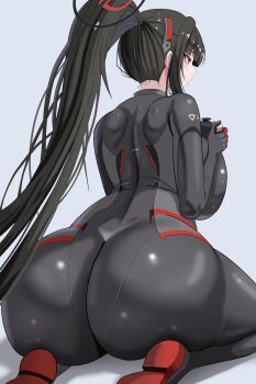 Rule 34 | 1girl, absurdres, ass, back, black bodysuit, black hair, black halo, blue archive, bodysuit, breasts, bright pupils, commentary request, eomo (pyum3252), halo, high ponytail, highres, huge ass, huge breasts, impossible bodysuit, impossible clothes, korean commentary, latex, latex bodysuit, long hair, multicolored halo, official alternate costume, official alternate hairstyle, ponytail, red eyes, ringed eyes, rio (armed) (blue archive), rio (blue archive), seiza, sitting, skin tight, solo, thick thighs, thighs, two-tone halo, very long hair, white pupils, wide hips