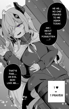 Rule 34 | 1girl, absurdres, bags under eyes, bandage over one eye, bench, clover dot (clov erd), commentary, empty eyes, english commentary, english text, greyscale, highres, horns, jacket, long hair, long sleeves, lying, monochrome, on back, on bench, one eye covered, original, pointy ears, purple eyes, solo, speech bubble, spot color, track jacket