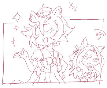 +++ 2girls :d animal_ears beer_hsk bow closed_eyes commentary_request crown forehead hair_bow hand_up horse_ears horse_girl horse_tail king_halo_(umamusume) long_hair mini_crown monochrome multiple_girls one_side_up open_mouth parted_bangs pleated_skirt puffy_short_sleeves puffy_sleeves school_uniform shirt short_sleeves simple_background skirt smile sparkle squiggle t.m._opera_o_(umamusume) tail tracen_school_uniform umamusume white_background