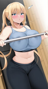 1girl blend_s blonde_hair blue_eyes blush breast_press breasts breath dumbbell exercising female_focus floor highres hinata_kaho huge_breasts indoors lactation lactation_through_clothes long_hair looking_at_viewer navel noripachi pants solo steam sweatpants tank_top wooden_floor