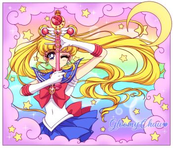 Rule 34 | 1girl, artist name, bishoujo senshi sailor moon, blonde hair, blue eyes, blue sailor collar, blue skirt, bow, choker, crescent, crescent earrings, crescent moon, double bun, earrings, elbow gloves, gloves, gradient background, hair bun, hair ornament, heart, highres, jewelry, long hair, moon, mroczniak (gloomy chuu), one eye closed, parted bangs, pink clouds, pleated skirt, rainbow background, red bow, red choker, sailor collar, sailor moon, sailor senshi uniform, skirt, smile, solo, spiral heart moon rod, star (symbol), tsukino usagi, twintails, white gloves