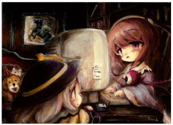Rule 34 | 2girls, black headwear, blouse, blue shirt, blush, bookshelf, border, collared shirt, commentary request, computer, dog, eyeball, fine art parody, frilled shirt collar, frills, hat, hat ribbon, horse, indoors, computer keyboard, komeiji koishi, komeiji satori, kouba, long sleeves, looking at another, multiple girls, napoleon crossing the alps, note, open mouth, painting (object), parody, pink hair, red eyes, ribbon, shirt, short hair, siblings, signature, silver hair, sisters, third eye, touhou, traditional media, typing, upper body, white border, wide sleeves, yellow ribbon, yellow shirt