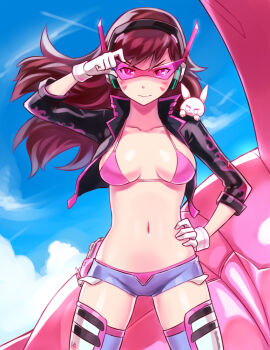&gt;:) 1girl :3 adjusting_eyewear adjusting_glasses bikini bikini_under_clothes black_jacket blue_sky breasts brown_hair closed_mouth collarbone cowboy_shot cropped_jacket d.va_(overwatch) day facial_mark female_focus flame_print floating_hair glasses gloves glowing hand_on_own_hip hand_up headphones holster jacket kamina_shades legs_apart long_hair looking_at_viewer mecha medium_breasts navel o_o open_clothes open_jacket outdoors overwatch overwatch_1 parody pink-tinted_eyewear pink-tinted_glasses pink_bikini pocket purple_shorts rabbit robot short_shorts shorts sieyarelow sky sleeves_rolled_up smile solo stomach string_bikini sunglasses swimsuit tengen_toppa_gurren_lagann thighhighs tinted_eyewear triangular_eyewear v-shaped_eyebrows whisker_markings white_gloves wind