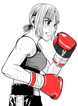 Rule 34 | 1girl, boxing, boxing gloves, boxing shorts, breasts, commentary request, fighting stance, from side, gloves, greyscale, hatching (texture), highres, lee (dragon garou), medium breasts, midriff, monochrome, mouth guard, original, ponytail, red gloves, short ponytail, shorts, solo, sports bra, spot color, sweat, very sweaty