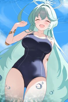 1girl :d ^_^ absurdres abydos_high_school_logo abydos_high_school_swimsuit ahoge allen_(user_rtdw8823) backlighting bandaid bandaid_on_arm bandaid_on_thigh blue_archive blue_one-piece_swimsuit blue_sky breasts closed_eyes collarbone commentary_request covered_navel cowboy_shot from_below green_hair groin hair_between_eyes halo highres hot large_breasts long_hair looking_at_viewer official_alternate_costume one-piece_swimsuit open_mouth school_swimsuit sidelocks sky smile solo spaghetti_strap sunlight sweat swimsuit white_halo yume_(blue_archive)