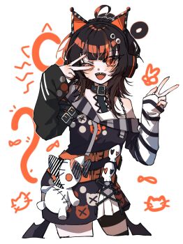 1girl ;d ahoge animal_ear_headphones animal_ears belt black_belt black_collar black_hair cat_ear_headphones cat_ears collar cropped_legs drawn_tail fake_animal_ears headphones highres kimburgertwo long_hair long_sleeves looking_at_viewer mahou_shoujo_no_majo_saiban multicolored_hair nail_polish one_eye_closed open_mouth orange_eyes sawatari_coco sharp_teeth skull smile solo standing streaked_hair stuffed_animal stuffed_cat stuffed_toy teeth v v_over_eye w white_background