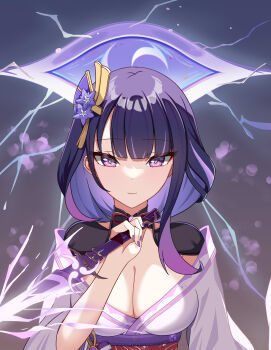 1girl absurdres blue_pupils blunt_bangs breasts cleavage closed_mouth clothing_cutout collarbone commentary_request electricity eye_symbol eyeliner fan_hair_ornament flower flower_ornament genshin_impact glowing glowing_sword glowing_weapon gradient_background gradient_hair hair_ornament highres holding holding_sword holding_weapon japanese_clothes katana kimono large_breasts long_sleeves makeup mitsudomoe_(shape) multicolored_eyes multicolored_hair musou_isshin_(genshin_impact) neck_ribbon no_mole powering_up purple_eyes purple_flower purple_hair purple_kimono purple_nails raiden_shogun ranran236 red_eyeliner red_sash red_skirt ribbon sash shade shoulder_cutout skirt solo standing sword tomoe_(symbol) upper_body weapon wide_sleeves