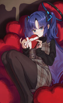 Rule 34 | 1girl, black halo, black pantyhose, black sweater, blue archive, blue eyes, box, brown dress, closed mouth, dress, gift, halo, heart, heart-shaped box, heart-shaped pillow, highres, holding, holding gift, knees up, long hair, long sleeves, looking at viewer, mechanical halo, pantyhose, pillow, plaid clothes, plaid dress, purple hair, red pupils, revision, sitting, sleeveless, sleeveless dress, sleeves past wrists, smile, solo, sweater, two side up, valentine, yanoyoru, yuuka (blue archive)