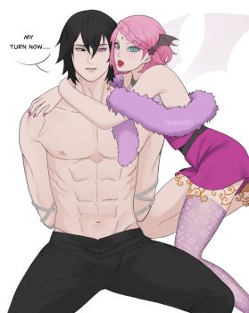 Rule 34 | 1boy, 1girl, abs, alternate costume, alternate hairstyle, arm behind back, artist name, bite mark, bite mark on neck, black eyes, black pants, blood, blood from mouth, bob cut, bound, bound arms, braid, braided bangs, commentary, cowboy shot, demon wings, dress, english commentary, facial mark, fangs, flower, forehead mark, fur shawl, green eyes, hair between eyes, hair flower, hair ornament, halter dress, halterneck, hands on another's shoulders, haruno sakura, highres, hug, invisible chair, kneeling, looking at another, looking at viewer, male focus, naruto (series), navel, nipples, pants, parted lips, pink dress, pink hair, pink nails, pink shawl, purple thighhighs, red lips, rinnegan, see-through clothes, see-through thighhighs, shawl, short dress, single thighhigh, sitting, sleeveless, sleeveless dress, speech bubble, swept bangs, teeth, tenartistt, thighhighs, tongue, tongue out, transparent wings, uchiha sasuke, vampire, white background, wing hair ornament, wings