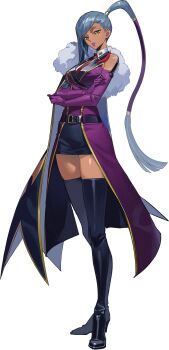 1girl asymmetrical_hair bare_shoulders belt black_skirt black_thighhighs boots breasts buttons cape coat code_geass code_geass:_genesic_re;code collared_shirt covered_navel cropped_legs crossed_legs dark-skinned_female dark_skin dutch_angle elbow_gloves full_body gloves grey_hair hand_up high_side_ponytail highres lapel_pin large_breasts lipstick long_hair looking_at_viewer makeup military_uniform miniskirt necktie official_art on_stool parted_lips pencil_skirt ponytail purple_coat purple_gloves purple_lips red_necktie shirt side_ponytail sidelocks simple_background sitting skirt sleeveless sleeveless_coat sleeveless_shirt solo stool teeth thigh_boots thighhighs thighs transparent_background v-shaped_eyebrows very_long_hair villetta_nu white_shirt yellow_eyes zettai_ryouiki