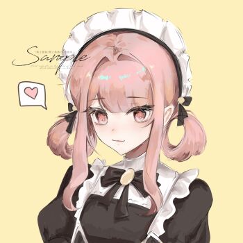 1girl apron black_bow black_bowtie black_dress blunt_bangs bow bowtie breezy_tea_time_(infinity_nikki) brooch chinese_commentary closed_mouth commentary_request commission dot_nose dress duifangzhengzaishuru82069 eyelashes frilled_apron frills hair_bobbles hair_bow hair_ornament hair_rings happy heart highres infinity_nikki jewelry light_blush light_smile lips looking_at_viewer maid maid_headdress nikki_(nikki) nikki_(series) pink_eyes pink_hair puffy_short_sleeves puffy_sleeves sample_watermark shirt shirt_under_dress short_hair_with_long_locks short_sleeves sidelocks simple_background solo speech_bubble spoken_heart turtleneck turtleneck_shirt upper_body watermark wavy_hair white_apron white_shirt yellow_background