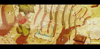 cactus cactus_(plants_vs._zombies) closed_mouth flower fossil from_above frown halftone highres hightguy letterboxed looking_at_viewer looking_up map_(object) no_humans plant plants_vs._zombies red_flower rock soil tall-nut_(plants_vs._zombies) umbrella_leaf_(plants_vs_zombies)