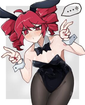 ... 1girl absurdres ahoge anger_vein animal_ear_hairband animal_ears black_bow black_bowtie black_leotard black_pantyhose bow bowtie breasts commentary_request commission detached_collar double_v drill_hair fake_animal_ears grey_background hairband highres kasane_teto kenshiro_nyuusu leotard looking_at_viewer pantyhose playboy_bunny rabbit_ears red_eyes red_hair skeb_commission small_breasts solo spoken_anger_vein spoken_ellipsis strapless strapless_leotard twin_drills two-tone_background utau v wrist_cuffs