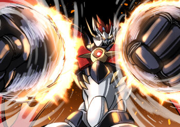 clenched_hands commentary_request glowing glowing_eyes highres mazinger_(series) mazinkaiser mazinkaiser_(robot) mecha mecha_focus no_humans robot rocket_punch science_fiction shouji_nigou solo super_robot upper_body yellow_eyes