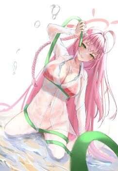 1girl absurdres ahoge arm_up armpit_crease bikini bikini_under_clothes blue_archive blush bottomless bow braid breasts cleavage collarbone collared_shirt commentary_request convenient_censoring green_eyes grin groin hair_between_eyes hair_bow half-closed_eyes halo hanako_(blue_archive) hanako_(swimsuit)_(blue_archive) highres holding holding_hose hose huge_ahoge juicy_korokke3 kneeling large_breasts leaning_to_the_side long_hair looking_at_viewer navel pink_bikini pink_hair pink_halo see-through_clothes see-through_shirt shirt side_braid simple_background smile solo swimsuit very_long_hair water water_drop wet wet_clothes wet_shirt white_background white_bow white_shirt