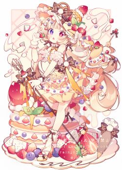 1girl :o absurdly_detailed_composition ankle_scrunchie arm_garter bare_shoulders black_bow blonde_hair blueberry blunt_bangs blush bow bowtie brown_bow chocolate_syrup commentary dessert detached_collar dress food food-themed_clothes food_print fork frilled_dress frills fruit fruit_print full_body hair_bow hat hat_bow heterochromia high_heels highres holding holding_food holding_fruit holding_whisk hyou_(pixiv3677917) knife layered_dress long_hair open_mouth original oversized_object pancake pancake_stack pastry_bag plaid_bow pom_pom_(clothes) purple_eyes red_eyes scrunchie shoes solo standing standing_on_one_leg strapless strapless_dress strawberry strawberry_hat_ornament strawberry_print symbol-only_commentary syrup very_long_hair watermark whisk white_scrunchie wrist_scrunchie yellow_bow yellow_bowtie yellow_dress yellow_hat yellow_shoes