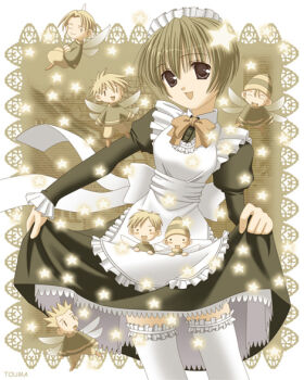 Rule 34 | . ., 1girl, 6+boys, aikawa touma, apron, artist name, back bow, bad id, black dress, black eyes, blonde hair, border, bow, bowtie, brown hair, brown pants, brown shoes, cowboy shot, dress, fairy, fairy wings, flying, frilled apron, frilled sleeves, frills, green shirt, juliet sleeves, layered dress, long sleeves, looking at viewer, multiple boys, open mouth, original, pants, phrygian cap, puffy sleeves, red bow, red bowtie, sepia, shirt, shoes, short hair, skirt hold, smile, standing, star (symbol), thighhighs, white apron, white border, white thighhighs, wings