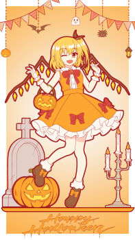 1girl absurdres alternate_costume basket bat_(animal) black_boots blonde_hair boots bow bowtie brooch bug candle candlestand candy chinese_commentary commentary commentary_request crystal_wings dress dress_bow english_commentary english_text fang flandre_scarlet food footwear_bow full_body ghost halloween halloween_costume happy_halloween highres jack-o&#039;-lantern jewelry leg_up looking_at_viewer mixed-language_commentary multicolored_wings one_eye_closed one_side_up open_mouth orange_bow orange_dress piaoluo_de_ying_huaban pointy_ears red_bow red_bowtie red_eyes skin_fang smile solo spider tombstone touhou wings wrist_cuffs