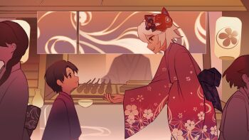 2boys 3girls absurdres alternate_costume astruma2 back_bow blurry bow brown_hair child commentary depth_of_field english_commentary eyeliner faceless faceless_female fox_girl fox_mask bad_tag from_side genshin_impact hair_between_eyes highres japanese_clothes kimono kitsune_saiguu lantern leaning_forward long_hair long_sleeves looking_down looking_up makeup mask multiple_boys multiple_girls multiple_others outdoors reaching reaching_towards_another red_eyeliner red_kimono short_hair standing upper_body white_hair wide_sleeves yellow_eyes