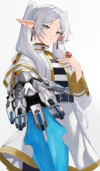 1girl arsti_11 belt black_pantyhose black_shirt capelet earrings elf frieren gem gold_trim green_eyes grey_background highres jewelry long_hair long_sleeves looking_at_viewer mixed-language_commentary no.1_sentai_gozyuger pantyhose parted_bangs petite plain_epaulettes pointy_ears red_gemstone ring shirt simple_background skirt sleeve_cuffs solo sousou_no_frieren striped_clothes striped_shirt super_sentai tega_sword twintails white_capelet white_hair white_shirt white_skirt