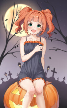 1girl :d bare_tree black_dress ca_paria collarbone dress full_moon green_eyes halloween hand_up highres idolmaster idolmaster_(classic) jack-o&#039;-lantern looking_at_viewer moon night open_mouth orange_hair outdoors pumpkin short_hair sitting sleeveless sleeveless_dress smile solo takatsuki_yayoi tree twintails