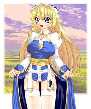 Rule 34 | 1girl, 2000s (style), altrene, arch bishop (ragnarok online), arch bishop (ragnarok online) (cosplay), blonde hair, blue dress, blue eyes, blush, border, breasts, busou shinki, cleavage cutout, clothing cutout, cloud, commentary request, cosplay, cowboy shot, dress, field, flower, flower field, garter straps, gluteal fold, highres, juliet sleeves, lace, lace thighhighs, large breasts, long hair, long sleeves, open mouth, outside border, pelvic curtain, puffy sleeves, purple sky, ragnarok online, sash, sky, smile, solo, tadaneko, thighhighs, two-tone dress, white border, white dress, white thighhighs, yellow sash