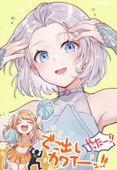 2girls blue_eyes blush cheerleader chromatic_aberration commentary_request earrings forehead gakuen_idolmaster grey_hair highres holding holding_pom_poms idolmaster jewelry katsuragi_lilja ktrtpem long_hair looking_at_viewer multiple_girls official_alternate_costume orange_hair orange_skirt pleated_skirt pom_pom_(cheerleading) pom_poms producer_(idolmaster) shiun_sumika short_hair skirt smile translation_request twitter_username