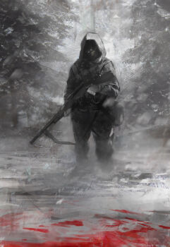 1boy bad_id bad_pixiv_id blood forest gun gun_sling hood male_focus military_operator nature no_eyes original realistic rifle scenery scope seafh sniper sniper_rifle snow solo tree weapon winter