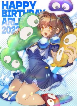 Rule 34 | 1girl, 2022, arle nadja, birthday, blue boots, blue dress, blue eyes, boots, brown hair, character name, commentary request, creature, dress, frilled dress, frills, full body, green eyes, hair intakes, happy birthday, holding, holding creature, layered dress, looking at viewer, medium hair, narita imomushi, open mouth, orange eyes, ponytail, puyo (puyopuyo), puyopuyo, red eyes, see-through body, shirt, signature, slime (creature), smile, teeth, upper teeth only, white shirt, wristband, yellow eyes