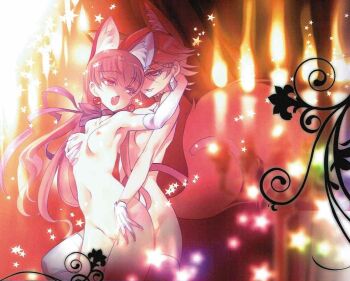 2girls animal_ears blush bottomless breasts censored choco_(chocolate_shop) cure_chocolat cure_macaron groping kenjou_akira kirakira_precure_a_la_mode kotozume_yukari moaning multiple_girls nipples precure small_breasts tail yuri