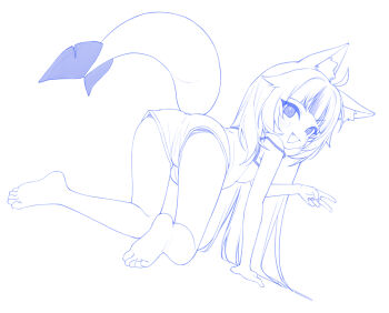 Rule 34 | :d, ahoge, all fours, animal ear fluff, animal ears, barefoot, blunt bangs, camisole, cat ears, fang, fins, fish girl, fish tail, highres, indie virtual youtuber, lineart, long hair, looking at viewer, looking back, monochrome, multicolored hair, open mouth, panties, panty peek, sameko saba, shorts, sidelocks, smile, solo, strap slip, streaked hair, tail, ugaaaa1, underwear, unfinished, v, very long hair, virtual youtuber