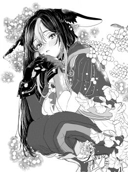 1boy alternate_hair_length alternate_hairstyle animal_ear_fluff animal_ears blush commentary_request ears_down elbows_on_knees fox_ears full_body genshin_impact gloves greyscale highres hood looking_at_viewer male_focus monochrome multicolored_hair otanpopo1208 own_hands_together pants parted_lips short_sleeves solo squatting streaked_hair tighnari_(genshin_impact) white_background
