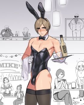 3girls 5boys alcohol animal_ears binoculars black_bow black_bowtie black_leotard blue_eyes blush bottle bow bowtie brown_hair bulge cowboy_shot detached_collar fake_animal_ears fake_tail gloves highres leon_s._kennedy leotard male_playboy_bunny mokotoko9 multiple_boys multiple_girls nipple_slip nipples pectorals rabbit_ears rabbit_tail resident_evil resident_evil_4 resident_evil_4_(remake) short_hair smile strapless strapless_leotard sunglasses tail thighhighs tray white_gloves