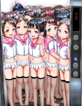 6+girls absurdres ass blush censored cleft_of_venus dress elevator embarrassed exhibitionism fat_mons female_focus fishnets flat_chest from_outside higeepon highres huge_filesize inappropriate_clothing loli looking_at_viewer microdress midriff miniskirt mosaic_censoring multiple_girls no_panties no_shoes public_indecency pussy school_uniform serafuku skirt smile tagme third-party_edit upskirt v