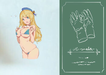 10s 1girl atago_(kancolle) bad_id bad_pixiv_id beret bikini blonde_hair blue_bikini blue_eyes breasts cleavage detached_collar female_focus gloves hat hjl kantai_collection large_breasts long_hair navel open_mouth part_of_a_set solo swimsuit teeth