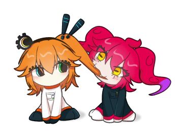 2girls a.i._voice adachi_rei alternate_eye_color biting_hair black_shirt blue_eyes confostor_(utau) green_eyes hair_in_another&#039;s_mouth heterochromia highres horizontal_pupils kasane_teto long_sleeves multiple_girls one_side_up orange_eyes orange_hair red_hair shirt simple_background sitting tentacle_hair utau white_shirt xuelangut114 yellow_eyes