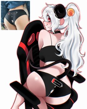 1girl ass bell black_panties blush breasts chair closed_mouth clothes_writing commentary demon_girl demon_horns demon_tail english_commentary from_behind gaming_chair hair_bell hair_ornament highres horns jingle_bell long_hair looking_at_viewer medium_breasts original osu_(osulan) osulan panties photo-referenced ponytail red_eyes simple_background smile solo swivel_chair tail underwear underwear_only white_background white_hair