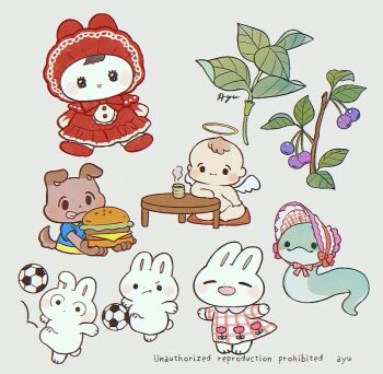 Rule 34 | :d, :p, animal, artist name, ayu (mog), ball, bonnet, cherry, closed eyes, closed mouth, commentary, cup, cupid, dog, dress, english commentary, food, fruit, grey background, halo, leaf, open mouth, original, pink bonnet, rabbit, red bonnet, red dress, red shoes, shoes, short sleeves, signature, simple background, smile, snake, soccer ball, solid circle eyes, table, tongue, tongue out, traditional halo, watermark