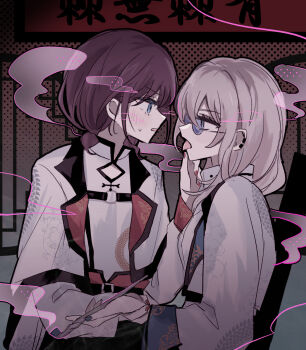 2girls blue_eyes blush chinese_clothes commentary earclip girls_band_cry grey_eyes grey_hair hamchan69 hand_on_another&#039;s_chin highres holding holding_another&#039;s_wrist holding_smoking_pipe indoors iseri_nina kawaragi_momoka multiple_girls parted_lips red_hair red_nails shirt short_twintails sitting sitting_on_lap sitting_on_person smoke smoking_pipe sunglasses sweatdrop tongue tongue_out twintails white_hair white_shirt yuri