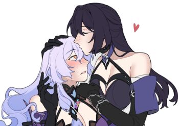 2girls acheron_(honkai:_star_rail) bandages black_swan_(honkai:_star_rail) blush breasts chain charathegay choker cleavage closed_eyes collar crop_top detached_sleeves gloves hair_between_eyes hand_on_another's_head hand_on_another's_shoulder hashtag-only_commentary heart highres honkai:_star_rail honkai_(series) kiss kissing_forehead large_breasts long_hair low-tied_long_hair multiple_girls purple_hair strap yellow_eyes yuri