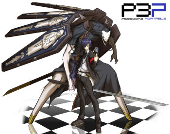 Rule 34 | 1boy, atlus, blue eyes, blue hair, card, chain, checkered floor, evoker, floor, gun, hair over one eye, itouei, male focus, matching hair/eyes, md5 mismatch, persona, persona 3, resolution mismatch, school uniform, simple background, solo, source larger, thanatos (persona), weapon, yuuki makoto (persona 3)