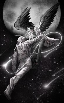 2boys astronaut black_shirt black_wings coat collared_shirt evie_(baoxiao) faceless feathered_wings full_body full_moon gloves helmet highres infinity_symbol kim_dokja male_focus meteor_shower moon multiple_boys official_alternate_costume omniscient_reader&#039;s_viewpoint open_clothes open_coat reaching reaching_towards_another shirt sky space space_helmet spacesuit star_(sky) starry_sky tether white_coat white_gloves wings yoo_joonghyuk