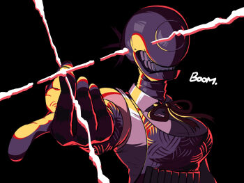 1girl black_background black_gloves black_ribbon bomb_devil_(chainsaw_man) chainsaw_man dynamite elbow_gloves explosive gloves grey_shirt highres imminent_attack neck_ribbon object_head ribbon shirt simple_background sleeveless sleeveless_shirt solo teeth tina_fate