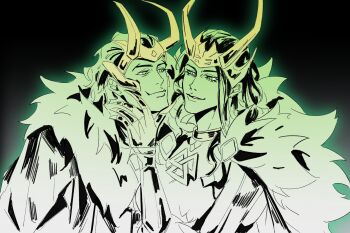 Rule 34 | 1boy, 1girl, armor, black background, cape, commentary, dual persona, english commentary, fake horns, fur-trimmed cape, fur-trimmed jacket, fur trim, gradient background, green background, green eyes, hair slicked back, highres, horned headwear, horns, jacket, lady loki, loki (marvel), long hair, marvel, marvel rivals, medium hair, official alternate costume, parted lips, scale armor, sketch, spot color, thor (marvel) (series), upper body, xuqin37179277