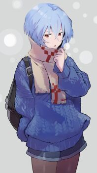 Rule 34 | 1girl, ayanami rei, backpack, bag, blue hair, blue sweater, commentary request, highres, looking at viewer, neon genesis evangelion, pantyhose, red eyes, scarf, short hair, shorts, sweater, winter clothes, yagisawa teru
