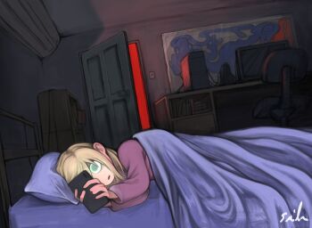 1girl absurdres bed bedroom blanket blonde_hair ceiling cellphone computer computer_tower desk door green_eyes highres holding holding_phone indoors looking_at_phone lying monitor on_bed on_side open_door original phone pillow signature smartphone solo sumirechan_(lalah7th) wide-eyed