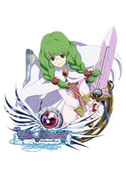 Rule 34 | 1girl, braid, broken pillar, cape, closed mouth, dress, game cg, glasses, green hair, hair ornament, holding, holding sword, holding weapon, jewelry, lips, logo, long hair, long sleeves, looking at viewer, official art, philia felice, purple eyes, round eyewear, smile, solo, sphere hair ornament, sword, tales of (series), tales of asteria, tales of destiny, transparent background, twin braids, twintails, weapon