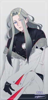 1boy black_gloves black_hair black_shirt blue_eyes colored_tips earrings eyes_visible_through_hair feet_out_of_frame framed gloves grey_background grey_hair harness himetsuru_ichimonji_(touken_ranbu) jacket jewelry lapels long_hair long_sleeves looking_at_viewer male_focus multicolored_hair notched_lapels off_shoulder pants parted_bangs parted_lips shirt sidelocks sitting sleeve_garter smile solo stud_earrings suda_ayaka touken_ranbu white_jacket white_pants